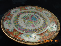1930 CANTON kézzel festett,kézzel jelzett rózsás madaras dísztányér arany kínai ikonográfiával