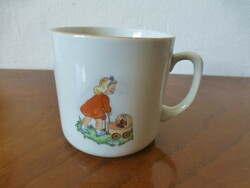 Zsolnay antique story mug. A little girl with a teddy bear in a pram and a little girl with a watering can