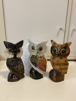 From the owl collection, 3 wooden owl ornaments, decorative objects, 16 cm