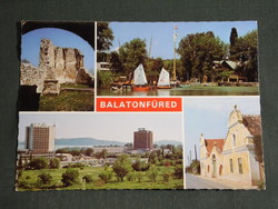 Képeslap, Balatonfüred, mozaik részletek,látkép,rom templom,part,vitorlás,szálló,hotel