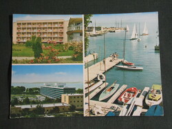 Postcard, Balatonfüred, mosaic details, Kios resort, hostel, hotel, pier, harbor, sailing ship