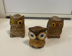 From the owl collection, 3 wooden owl ornaments, small wooden sculptures, decorations, 6 and 7 cm