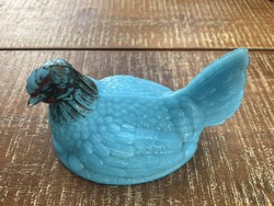 Turquoise glass hen.