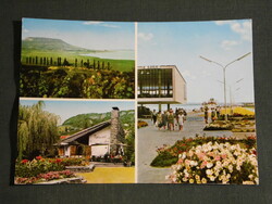 Postcard, Badacsony, mosaic details, view Tatika restaurant, pier, port, wine bar by the glass