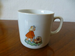 Zsolnay antique story mug. A little girl with a teddy bear in a pram and a little girl with a watering can