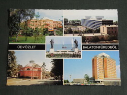 Postcard, Balatonfüred, mosaic details, round church, beach sculpture, sailing, hostel, hotel, sanatorium