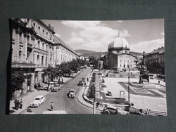 Képeslap, Pécs Széchenyi tér, szentháromság szobor, Dzsámi Török templom látkép, veterán autó