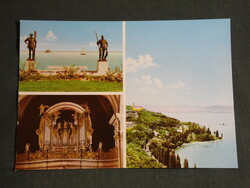 Képeslap, Balatonfüred,Tihany,mozaik részletek,,révész halász szoborpár,templom,látkép