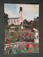 Postcard, balaton boglár, church skyline, park flower garden monument, nude statue entering water, detail