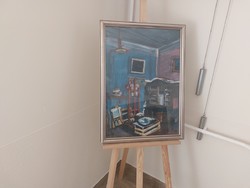 (K) Kállai Róbert Enteriőr festmény 55x75 cm kerettel