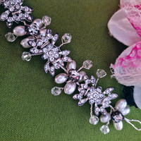 Wedding had149 - bridal pearl rhinestone flower hair ornament 3x37cm