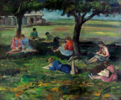 Bela of Russia - drawing school iii. 1957. Oil cardboard grove garden maypole painter drawing children's painting camp