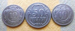 A Magyar Királyság pénzei 50 Fillér RR 1938 10 Fillér 1909,1907 T2