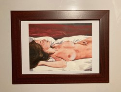 Alvó női akt, akvarell festmény szép keretben