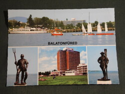 Postcard, Balatonfüred, mosaic details, hotel, Révés fisherman statue pair, pier, port, sailing ship