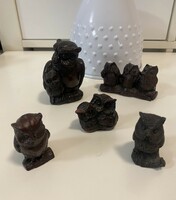 From the owl collection, 5 black resin owl figurines for collectors, 4-5 cm