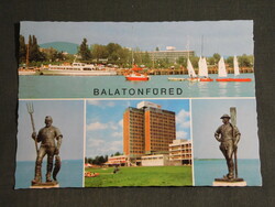 Postcard, Balatonfüred, mosaic details, hotel, Révés fisherman statue pair, pier, port, sailing ship