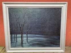 Antik hatalmas festmény tájkép erdőbelső szignózott kép modern