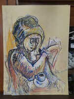 Natalia bejenaru (1951) cafe woman colored watercolor. 40 X 30 cm.