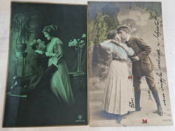 Régi szerelmes témájú színezett képeslapok 1916 és 1918-as pecsételéssel hibátlan állapotban