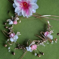 Wedding had169 - pink and white floral beaded bridal headband, hair decoration
