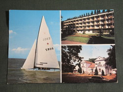 Postcard, pumpkin figure, mosaic details, pub, restaurant, resort, sailing ship