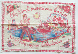 Amerikás magyar feliratos falvédő! menekült - Régi konyhai textil falvédő festett/nyomott mintával