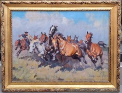 Viski János (1891-1987) : Vágtató lovak, 60x80 cm.