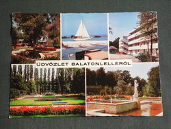 Postcard, balaton doll, mosaic details, resort, park, sailing ship, pigeon fountain