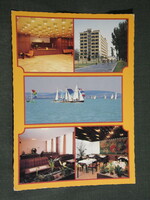 Postcard, boglárlelle, mosaic details, lelle hotel, Balaton skyline, sailing ship
