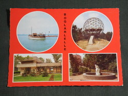 Postcard, boglárlelle, mosaic details, park, water inlet statue, pier, harbor, resort, cruise ship, round observation deck