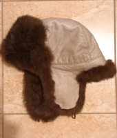 Real leather and fur usanka hat for head circumference 56-57 cm