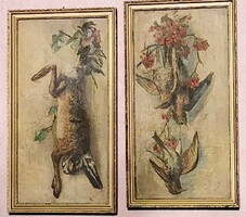 Wild still life. A pair of framed oil-on-canvas paintings of the same size. With sword sign
