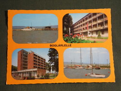Postcard, pumpkin figure, mosaic details, beach, pier, harbor, resort, sailing ship