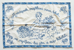 Régi konyhai feliratos falvédő kislánnyal - hímzett textil falvédő