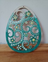 New! Turquoise green openwork wooden egg, hand painted, 18.5x14cm