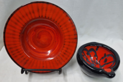Retro industrial art orange-black glazed ceramic wall plate and pouring or ashtray for sale as a pair