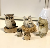 5 old owl figurine decorations made of real animal fur from the owl collection, 4-10 cm