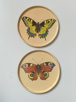 2 Retro round metal trays with butterfly decoration, 24 cm