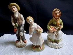 Gardening mother, stepmother and little girl granddaughter, 3 pieces of biscuit porcelain