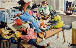 Old retro humorous graphic postcard cat family in the kitchen