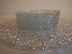 6 db kristály üveg süteményes tányér és kínáló tál