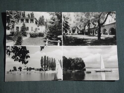 Postcard, Balaton boglár, mosaic details, Szabadság resort, pier, port, sailing ship