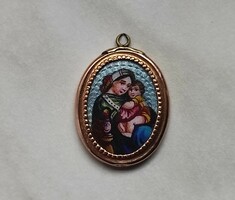 Antik Porcelán medál 14 kt arany keretben kézzel festett Mária kis Jézussal eladó!