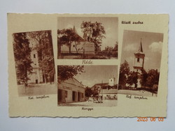 Régi Weinstock képeslap, postatiszta: Réde, Kat. templom, Hősök szobra, Hangya, Ref. templom