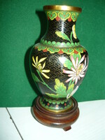 Fire enamel copper vase with wooden base, 12.5 cm