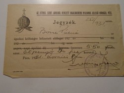 ZA492.19  - PÉCS 1931 Szent János kórház  5.50 pengő  ápolási költség  - Jegyzék