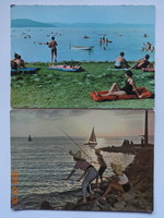 2 db régi képeslap együtt: Balatonpart, strandolók, horgászok