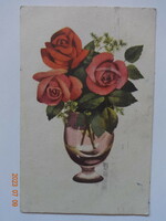Old graphic floral greeting card, bouquet of roses in a vase (drawing by Magda Issák)