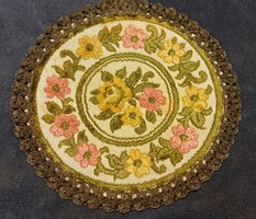 Old velvet round tablecloth in display case (l4495)